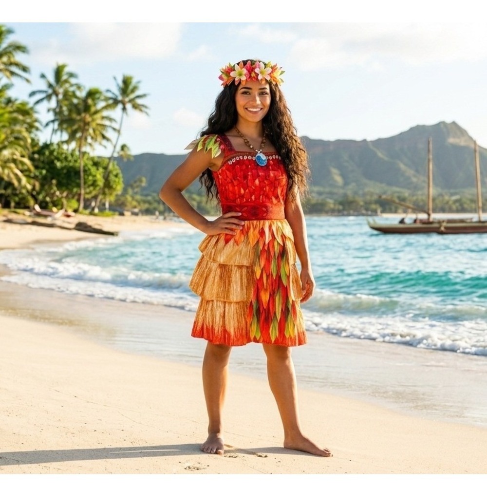 Moana Deluxe Child Girl Costume Disney Disguise Red Tan w Headpiece Size S 4-6X